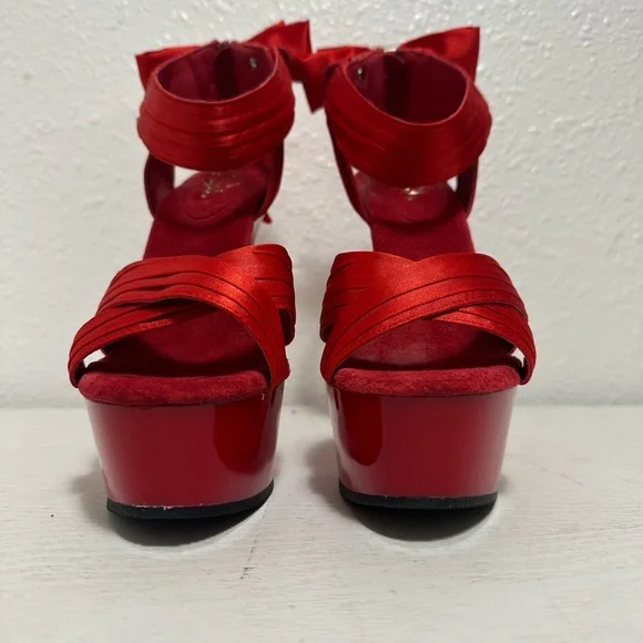 Pleaser delight Red Satin Platform Ankle-Tie High Heel Sandal - Picture 9 of 12